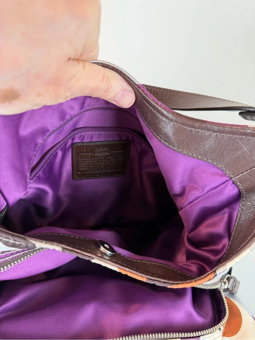 Coach Op Art Glam Satin Print Shoulder Bag in Brown, Purple & Cream